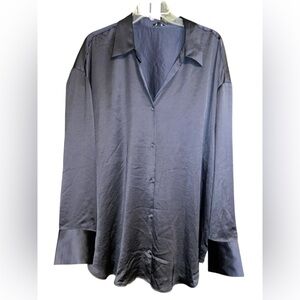 Express Navy Blue Button Down Shirt Satin Look